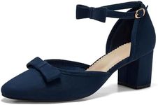 Coutgo Womens Chunky Low Heels Bow Closed Toe Ankle Strap Pumps Elegant Wedding Party Dress Shoes, Navy, Size 9.5