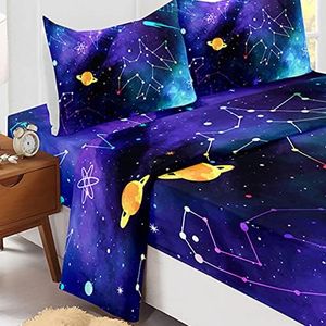 Odot Parure Drap Housse, Drap Plat et Taie d'oreiller - Motif Ciel étoilé Draps Housses Microfibre avec Bonnet 40cm, pour Adultes Enfant, Lit 1~2 Personnes (Cosmos,90x190cm-3 Pieces)