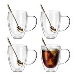 JNSMFC Double Walled Glass Coffee Mugs with 4 Spoons,350ML Set of 4 Insulated Glass Coffee Mugs with Handle,Clear Coffee Cups for Cappuccino,Espresso,Latte,Tea,Hot/Cold Beverage