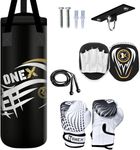 ONEX Kids *Punching bag* Gloves Skipping Rope Boxing Bag Rucksack Mount Hook Set 2ft Black Set, Perfect for Junior/Children Workout (Black)