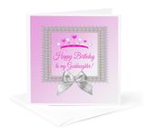 3dRose gc_234614_5 6 x 6-Inch "Princess Crown Silver Frame Bow Happy Birthday Goddaughter Pink" - Greeting Card