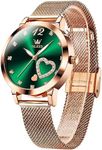 OLEVS Womens Rose Gold Watch Large Face Analog Watches Women Minimalist Heart Diamond Ladies Watches for Small Wrists Elegant Water Resistant Watch for Women Mesh Band Green Dial Reloj de Mujer