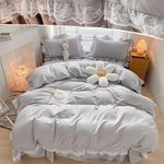 Ruffle Lace Bedding Sets for Girls Women Grey Ruffle Lace King Duvet Cover Set Soft and Light Weigh Microfiber Duvet Cover (220 x 230 cm, 3Ps)