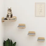 Megidok Cat Wall Furniture Corner Climbing Shelf Perches, Cat Bed Wall Mounted with 3 Wide Steps,Modern Floating Stairs for Wall Indoor Cats up to 30 Lbs for Cat - Wood Color