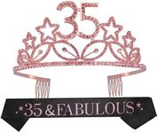 35th Birthday Gifts for Women, 35th Birthday Tiara and Sash, Happy 35th Birthday Party Supplies, Dirty 35 Glitter Satin Sash