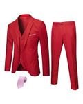 Hihawk Men's 3 Piece Suit with Stretch Fabric, Solid Slim Fit One Button Suit Blazer Set, Jacket Vest Pants with Tie., Red, L