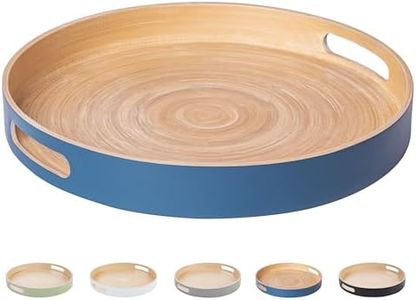 HABITAAS Spun Bamboo Round Wooden Tray, Blue, 13.75 Inches