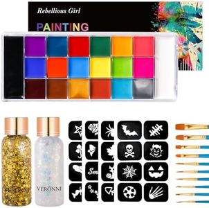 VERONNI Face Body Paint Set-20 Colors Oil Palette,Halloween Cosplay Makeup Kit, Face Painting Kit for Kids Party and Adults,Face Paint Kit with 10 Brushes & 32 Stencils and 2 Face Body Glitter Gel