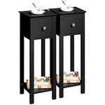 Yaheetech Black Slim Bedside Table Set of 2, Narrow Wooden Nightstand with Drawer& Shelf, Tall Telephone Table Hallway Side Table, 25x25x70cm