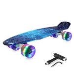 BELEEV 22 inch Skateboard Complete Cruiser Mini Skateboard for Kids Teens Adults & Beginners, PU LED Flashing Wheels with All-in-One Skate T-Tool (Galaxy Blue)