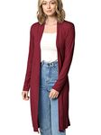 Made By Johnny Women's Solid Long Sleeve Open Front Drape Long Cardigan Duster, Wsk1048_wine, Large