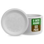 Signature Super Rigid Paper Plates - Extra Strength White Disposable Bagasse Sugarcane Plates - Eco-Friendly, Biodegradable and Compostable - 9 inch - 50 Pack - Perfect for Picnics, BBQs,and Parties