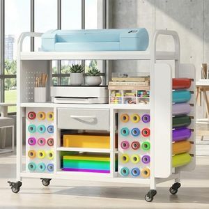 Craft Organization and Storage Cart, Craft Storage Organizer Compatible with Cricut Machine, Rolling Craft Table with Storage, Crafting Cabinet Workstation Cutting Stand with Vinyl Roll Holder & Hook