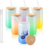 6Pack 16OZ Gradient Color Sublimation Glass Blanks with Lid, Sublimation Beer Can Borosilicate Glasses Tumbler Mason Jar Cups Mug with Plastic & Metal Straw for Iced Coffee Juice (6 Colors)