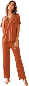 Avidlove Women Pajamas Set Notch Collar Soft Sleepwear Pjs Short Sleeve Button Down Nightwear with Long Pants Caremel,XXL