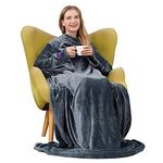 Wearable Blanket with Sleeves Adults,Super Soft Blanket for Women Men, Warm Cozy, Lightweight TV Throw for Full Body with Hook and Loop Fastener, Elastic Cuffs (Grey 55.1" X66.9)