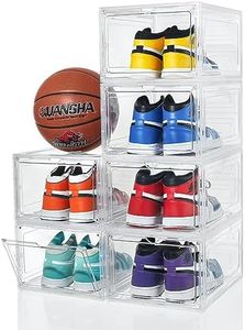 ZLLZUU Shoe Organizer Shoe Storage Boxes, 6 Pack Large Drop Front Shoe Boxes with Magnetic Door, Clear Plastic Stackable Shoe Containers (Clear White)