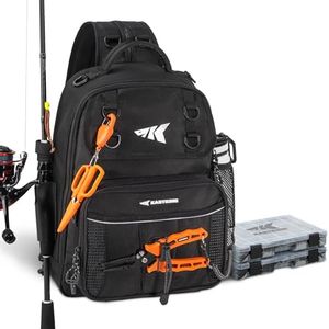 KastKing BaitSpace Fishing Tackle Bag, Water-resistant Tackle Storage with 2 Black Camo Tackle Boxes & Detachable Soft Bait Binder, Adjustable Backpack for Bank, Wading, & Boat Fishing