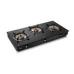 Glen 3 Burner LPG 6mm Thick Toughened Glass Top Gas Stove | Brass Burner | ISI Certified | Black | Drip Trays | Revolving Inlet Nozzle | 2 Year Warranty On Product | CT3B70BLBB