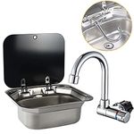 Single Bowl RV Hand Wash Rectangular Basin Sink with Lid for Fit for Compatible with RV Caravan Camper Kitchen Stainless Steel Sink 16.5” x 14.3” x 6.3” (with Faucet U)