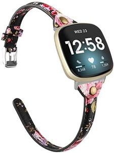 Minyee Compatible with Fitbit Versa 4/Versa 3/Sense 2/Sense Band for Women, Slim & Thin Leather Straps Bracelet Wristband for Fitbit Versa 4/ Fitbit Sense Smartwatch, Pink Floral