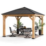 Sunjoy Hardtop Gazebo 11 x 11 ft. Standard Cedar Framed Wood Gazebos with Black Steel and Polycarbonate Hip Roof Hardtop for Garden, Backyard Shade, Black Roof + Natural Wood Frame