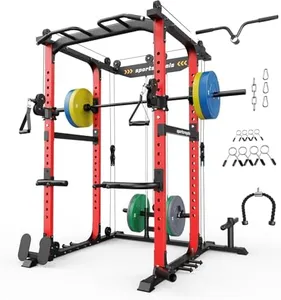 Sportsroyals Power Cage,1600lbs Multi-Function Power Rack with Adjustable Cable Crossover System and More Training Attachment, Weight Cage for Home Gym,Multi-Weight Combination Barbell Plates(RED)