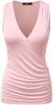 DOUBLJU Tank Tops For Women Cami Deep V Neck Sleeveless Satin Ruched Hem Tops Casual Basic Wrap T Shirts with Plus Size, Ltpink, X-Large