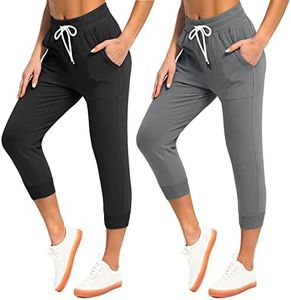 SPECIALMAGIC Women's Sweatpants Cropped Jogger French Terry Running Pants Lounge Loose Fit Drawstring Waist with Side Pockets Black+Dark Grey S