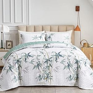 Botanical Quilt Set 3 Pieces King Size, Green Leaves Printed on White Reversible Bedspread Coverlet Set, Soft Microfiber Lightweight Bed Cover for All Season (102" x 90", 1 Quilt+ 2 Pillow Shams)