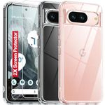 Oterkin for Google Pixel 8 Case Clear,[Anti-Yellowing] Pixel 8 Case with 2×[9H Screen Protectors][Built-in 4 Airbags][10FT Military Grade Shockproof] Anti-Scratch Hard PC Back Case for Google Pixel 8