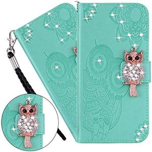 LEMAXELERS iPhone 8 / iPhone 7 Case, iPhone 8 Mobile Phone Case Glitter Diamond Owl Flower Embossed PU Leather Cover Magnetic Protective Case Skin Stand Mobile Phone Case for iPhone 8, YK Owl Green