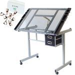 STATIONERY ISLAND Drafting Table with 8 Drawing Board Clips, Height Adjustable, Tiltable Glass Tabletop, 2 Storage Drawers and 4 Wheels Artist Desk for Graphic Design, Painting, Work & Study - Dumbar