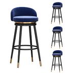 Bar Stools Set of 4 Counter Height with Back and Swivel, Farmhouse Kitchen Breakfast Bar Stools, 360° Swivel, Velvet Upholstered Seat, Black Metal Legs, Height 65cm, Blue