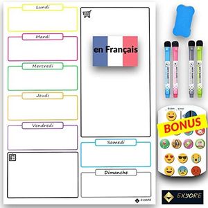 Tableau Blanc Magnétique Semainier Ardoise Effaçable pour Frigo Cuisine, Marqueurs et Magnets Aimantés, idéal pour Planification des Tâches, Menus et Liste de Courses, Organiseur Enfants, en Français