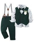 YALLET Toddler Baby Boy Clothes Suit Gentleman Wedding Outfits, Formal Dress Shirt+Bowtie+Vest+Boutonniere+Suspender Pants Green