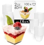 DLux 100 x 2 oz Mini Dessert Cups (No Spoons), Square Short - Clear Plastic Parfait Appetizer Cup - Small Reusable Serving Bowl for Tasting Party Desserts Appetizers - with Recipe eBook