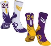 2 Pairs Numeric Basketball-Socks-for-Men, #24 Lucky Number Sports-Socks Lakers Socks with 3D Ankle Protection for Youth Boys, Athletic Basketball Accessories Great Gift for Mens Fans (5.5-11.5)