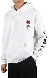 ZAFUL Mens Graphic Hoodies Essentials Hoodie Fleece Rose Letter Print Casual Drawstring Unisex Hooded Pullover Sweatshirt, White, X-Large