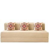 uberlyfe Jumbo Sofa Cum Bed | Jute Fabric Washable Cover | 3 Cushions Red Medallion Pattern | Beige | 6.5' X 6.5' Feet