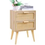 YAUKOMEL Rattan Nightstand, Wood End Table, Side Table with 2 Hand Made Rattan Decorated Drawers,Boho Bedside Table,Wood Accent Table with Storage for Livingroom, Bedroom, Natural CAACTG59Y