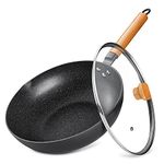 Birsppy Nonstick Stir Fry Pan with Lid, Wok Pan 30cm Induction, 100% PFOA-Free Whitford Coating, Cooking Pot with Detachable Wooden Handle, Black