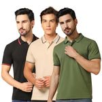 INKKR Men's Soild Collar Neck Half Sleeve Polo T-Shirt Combo (Black,Beige,Mehndi-3XL)