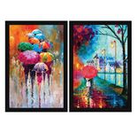 ArtX Paper Romantic Couple Wall Painting & Watercolor Umbrellas For Bed Room Wall Art Painting, Framed Picture, Nature, Love, Multicolor, 12.0 X 18.0 Inches Each, Set Of 2