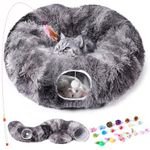 Odoland Cat Tunnel Bed, Cat Donut Tunnel Bed with Washable Cushion Foldable Cat Toys Set Cat Tunnels for Indoor Cats Kitten Puppy Rabbits - Dark Grey