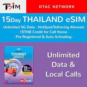 TSIM Thailand eSIM with Unlimited Data for 15 Days | DTAC 5G Network | Local Calls/Call Home | Hotspot Tethering Allowed | Auto Activated E-Sim