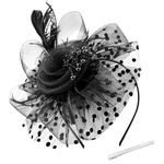 WATAME Fascinators for Women Girl Flower Mesh Feathers Tea Party Hat Kentucky Derby Hats Veil Headband with Hair Clip (Black)