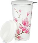 Willow & Everett Ceramic Travel Mug with Lid. Magnolia Double-Walled Tea Cup with Tea Infuser and Bonus Silicone Top. Tall Coffee and Tea Mug Tea Cups Loose Leaf Tea - 12oz Tea Mugs Tea Steeper