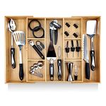 Pristine Bamboo Expandable Drawer Organizers for Kitchen - Extra Deep Non-Slip 17” x 14.6” (expands up to 25 inches) - Dark Wooden Silverware Divider (10 Compartments) – Organize Cooking Utensils