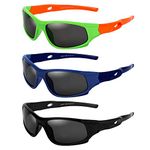 Kids Sunglasses for Boys Girls,3 Pack Sports Polarized Sunglasses for Kids,Fleaxible Frame UV400 Protection Sunglasses (black-blue-green)